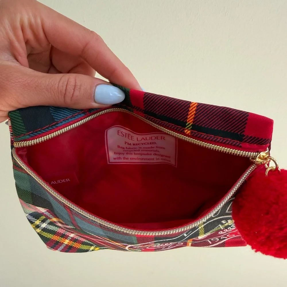 Estee Lauder Red and Green Tartan Cosmetic Pouch with Pom Pom